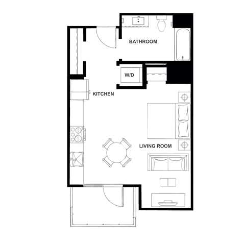 Floor plan for studio, 1 bath, 529 sqft